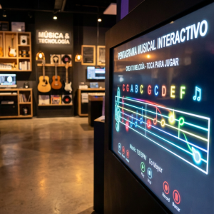 Visitor creating a melody on an interactive musical staff display